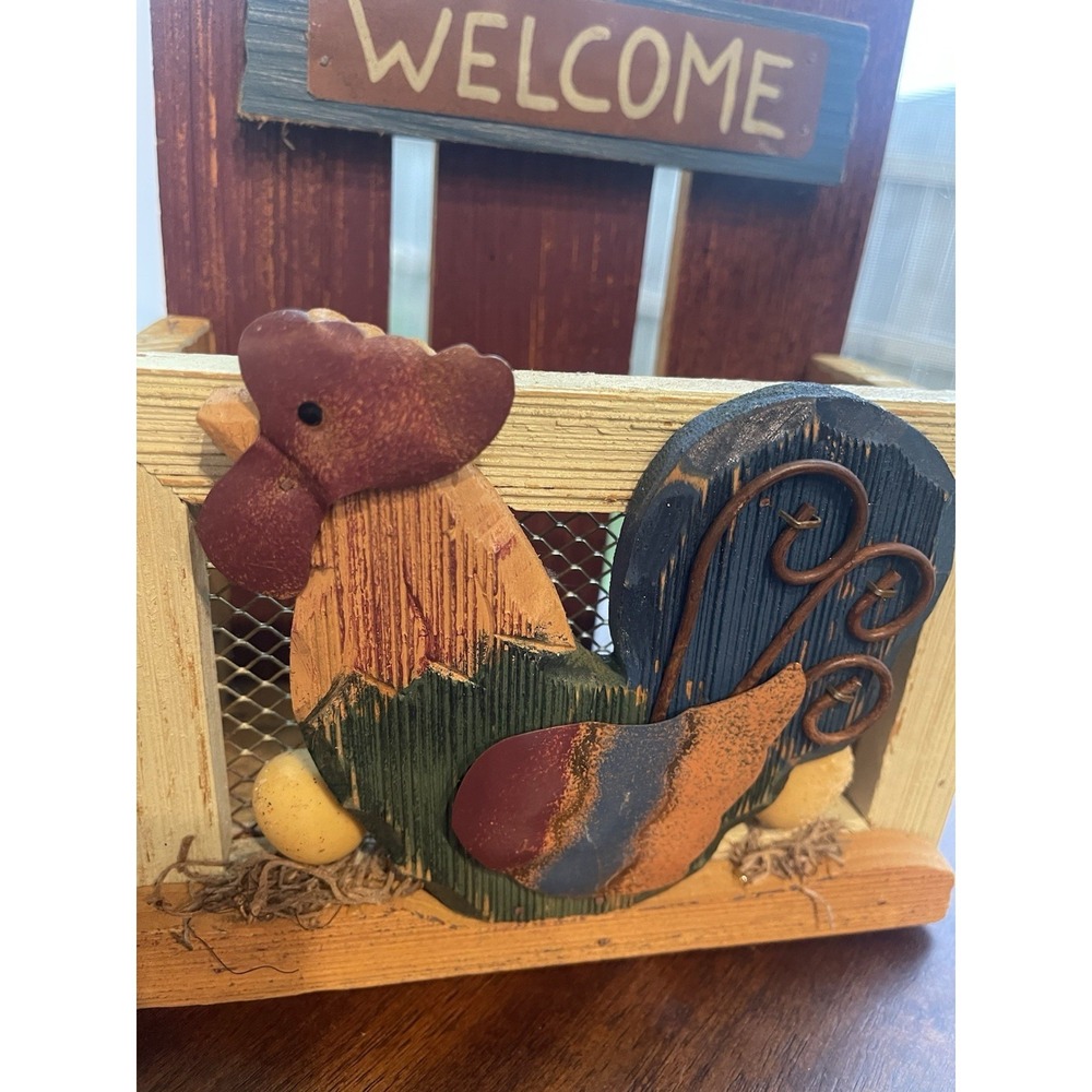 Rustic Wooden Rooster Mail Organizer Holder Farmhouse Wall Decor "Welcome" - Picture 2 of 5
